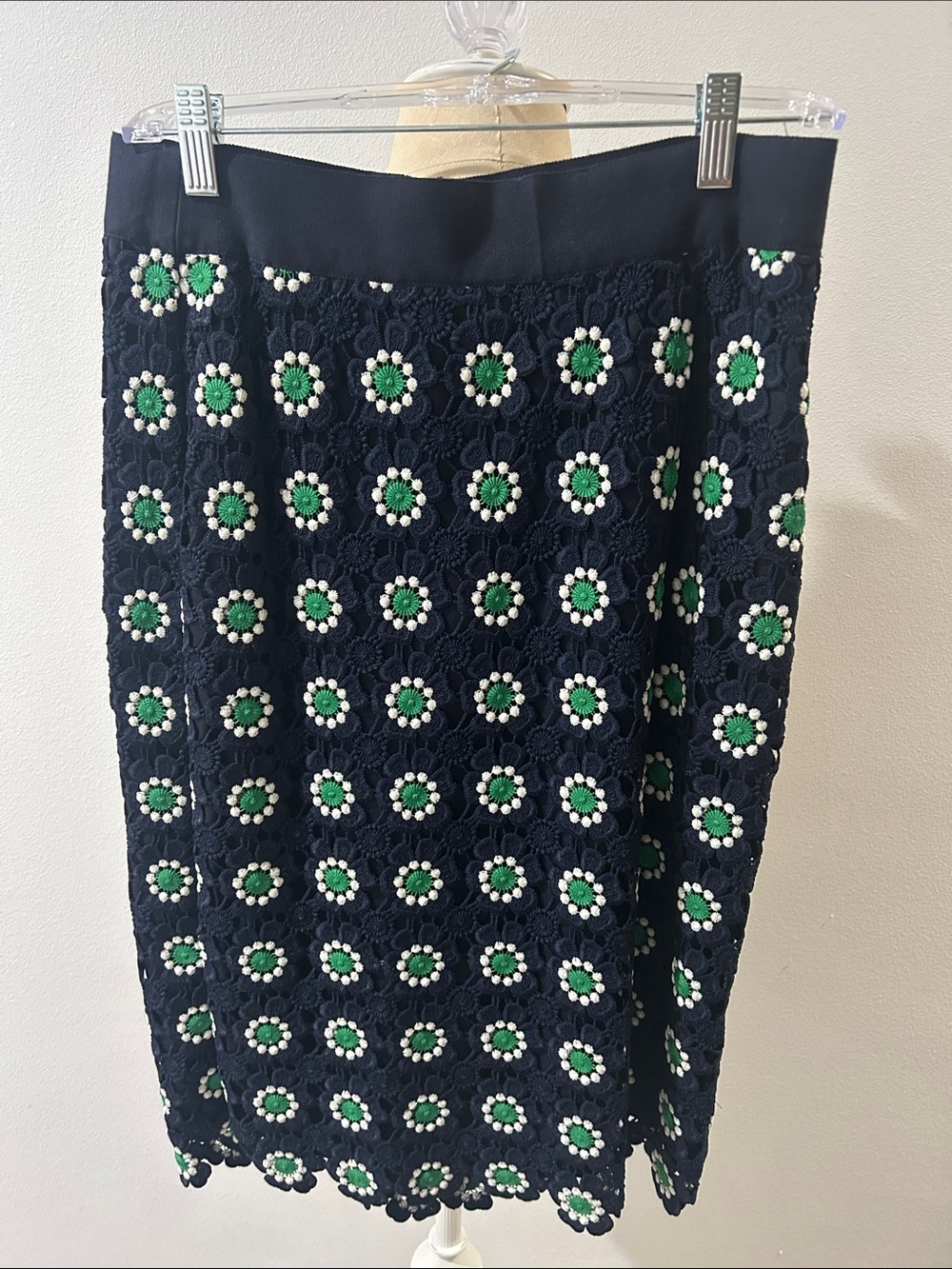 J. Crew Navy Lace Midi Skirt with Green & White Floral Embroidery